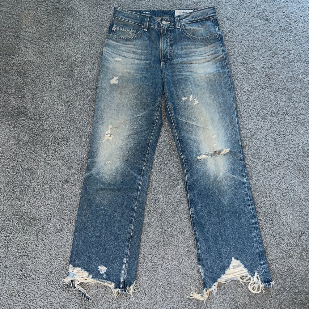Ag Adriano Goldschmied Distressed Medium Blue Straight Leg Jeans